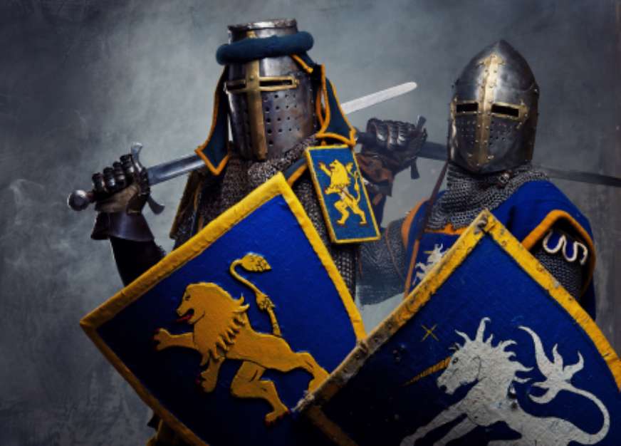 Medieval knights on grey background.