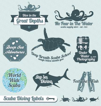 Vector Set: Retro Scuba Diving Labels and Badges