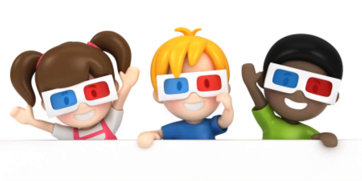 3d render of a kids wearing 3d glass and blankboard