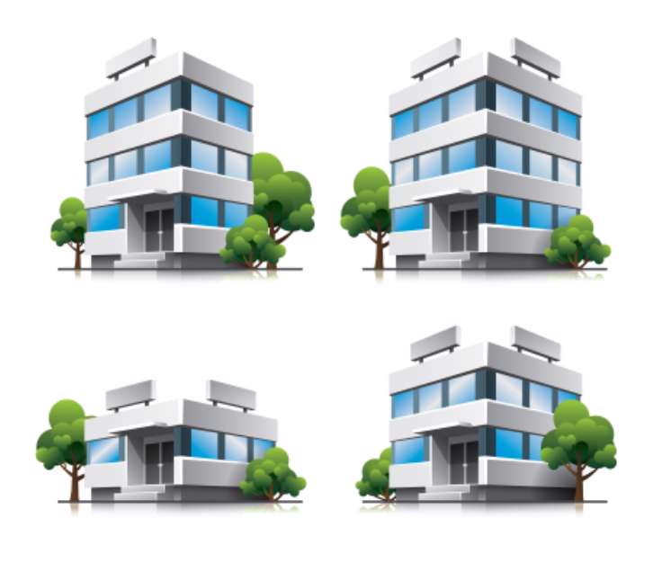 Four cartoon office vector buildings with trees