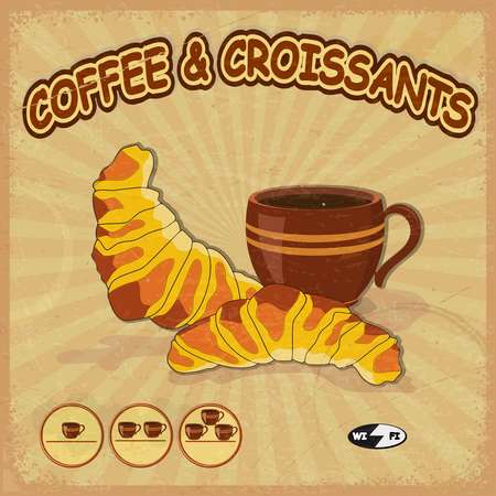 Vintage signboard for a cafe with the image coffee cups and croi