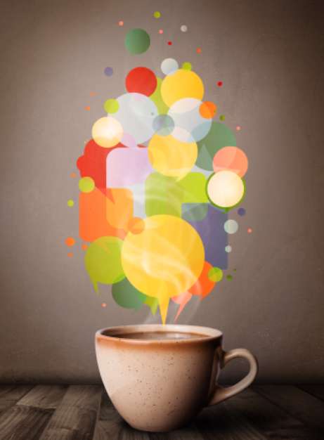 Tea cup with colorful speech bubbles