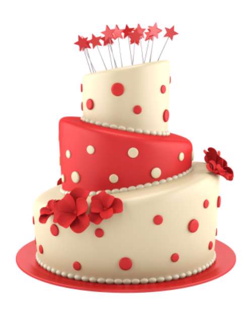 big round red and yellow cake isolated on white background