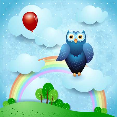 Owl and countryside, fantasy illustration