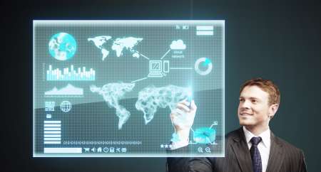 businessman presses button on interface