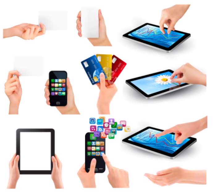 Set of hands holding different business objects. Vector illustra