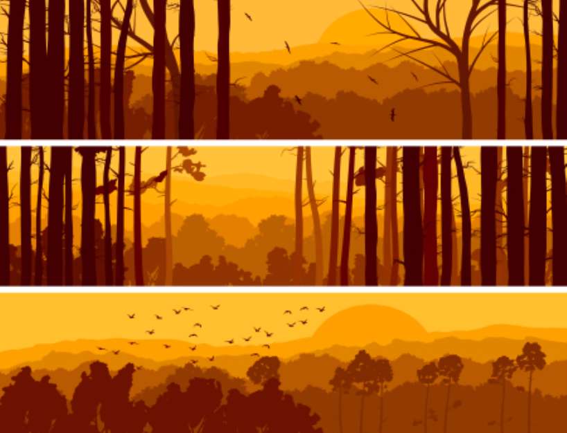 Horizontal banners of hills deciduous wood.