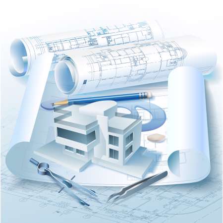 Architectural background with a 3D building model