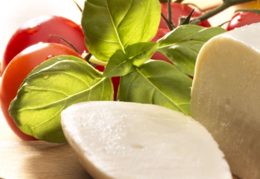 mozzarella cheese with olive oil and tomatoes on wooden table