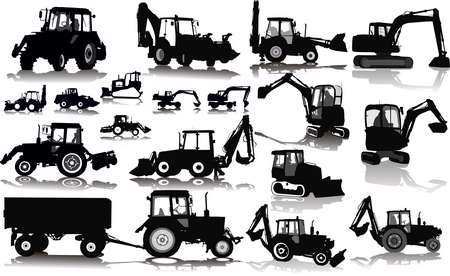 Set of 18 silhouettes of a tractors of road service