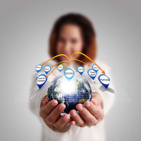 Businesswoman hand holds globe and social network&quot;Elements of th