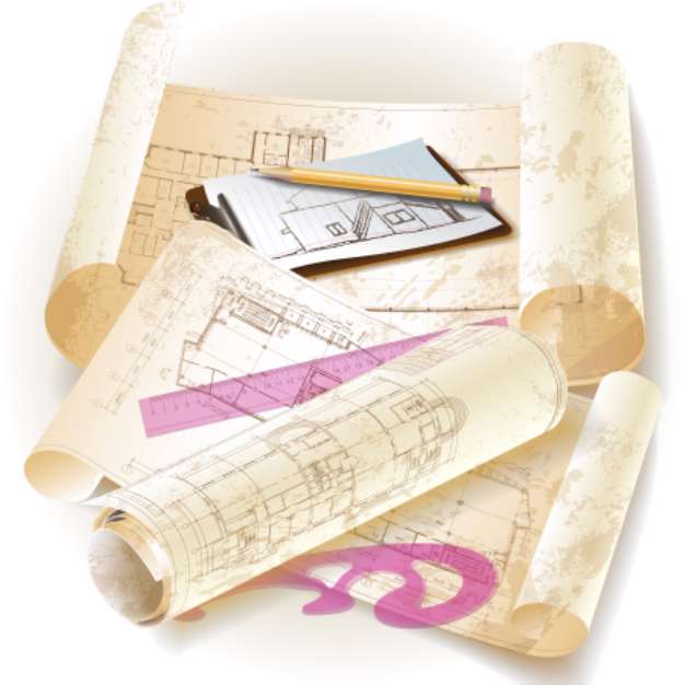 Grunge architectural background with drawing tools and drawings