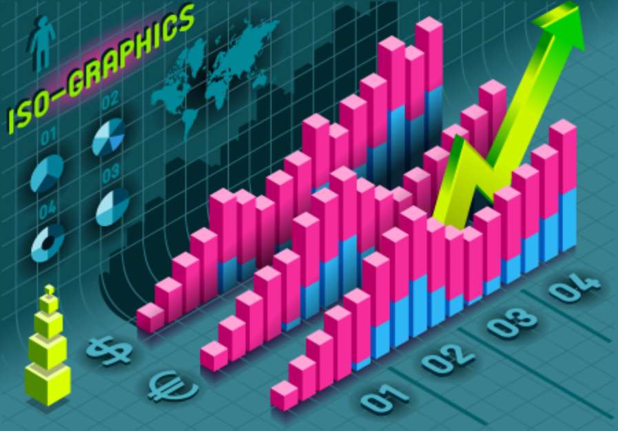 Isometric Infographic  Histogram Set Elements in Various Colors