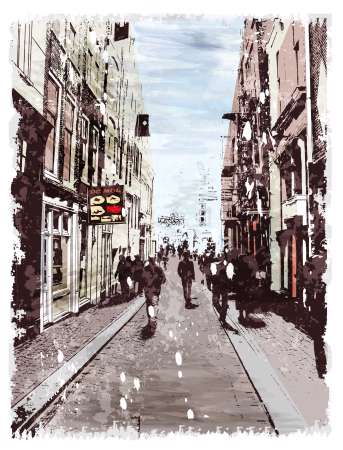 Illustration of city street. Watercolor style.
