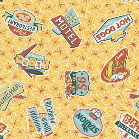Sixties shop sign boards - vector seamless pattern