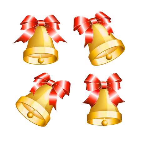 Set of golden bells with red bows.