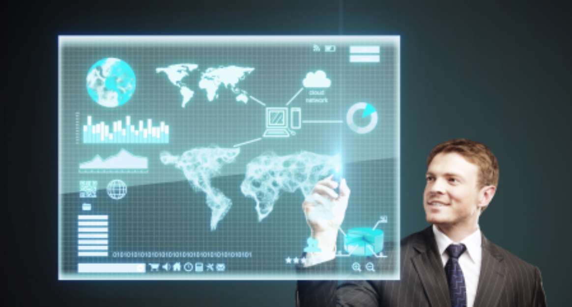 businessman presses button on interface