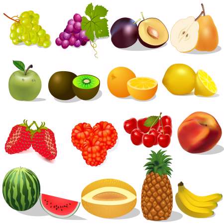 set ripe fruit and berries on white