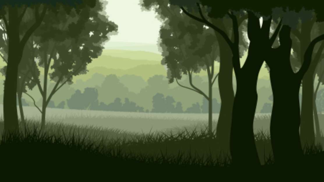 Horizontal illustration within greenwood forest.