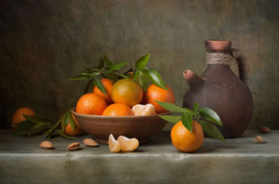 Still life with tangerines and jug