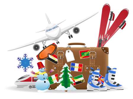 old suitcase for travel and elements for a winter recreation vec