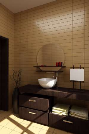 japanese style bathroom with brown tiles