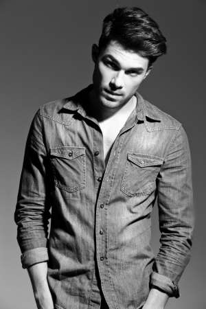 black and white portrait of a young casual man
