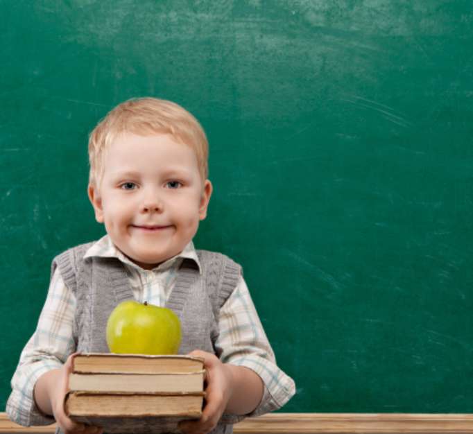 Cheerful smiling child with a book. School concept