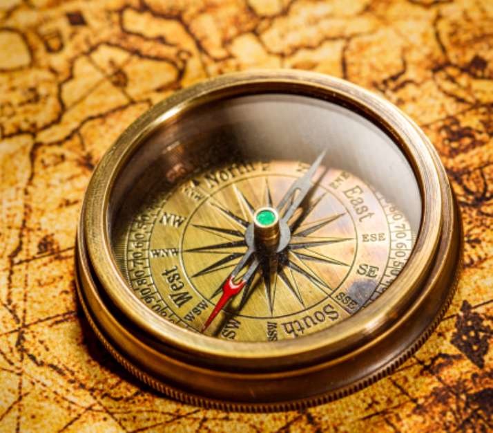 Vintage compass lies on an ancient world map.