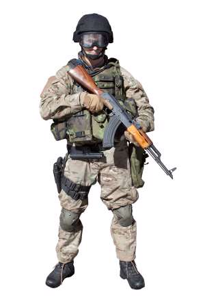 Special Forces soldier assault rifle AK-47, isolated on white
