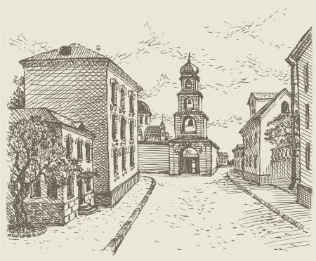 Vector cityscape. Low houses on the street of the old town