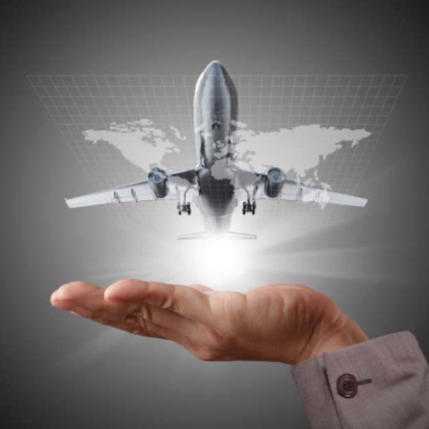hand shows airbus plane and globe