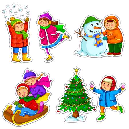 set of happy kids enjoying winter