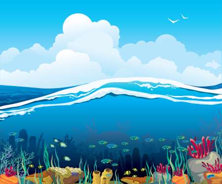 Seascape with underwater creatures and  cloudy sky