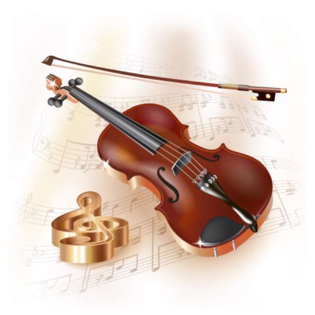 Classical violin on white background with musical notes