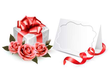 Greeting card with a ribbon, a present and three roses. Holiday
