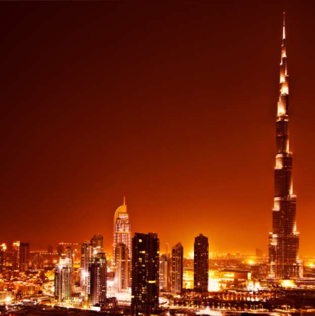 Dubai downtown on sunset
