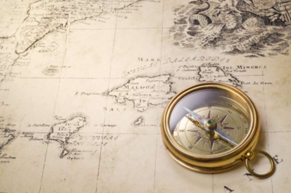 old compass and rope on vintage map 1732