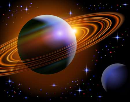 Planet Saturn and one of its moon in the starry space