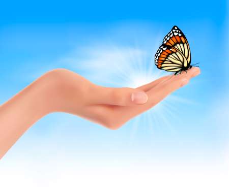 Hand holding a butterfly against a blue sky. Vector illustration