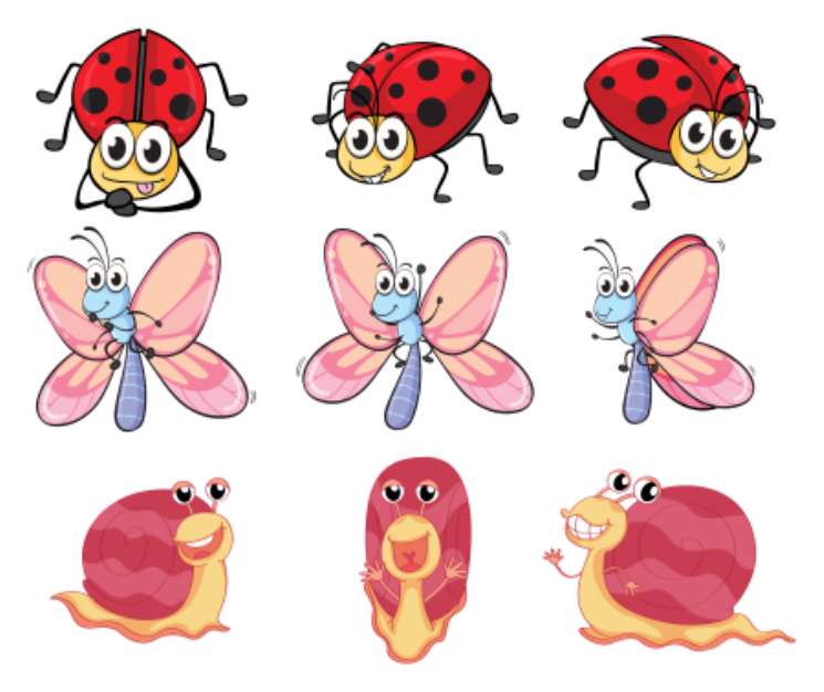 A butterfly, a ladybug and a snail