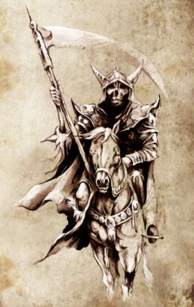 Death. Sketch of tattoo art, warrior at horse illustration