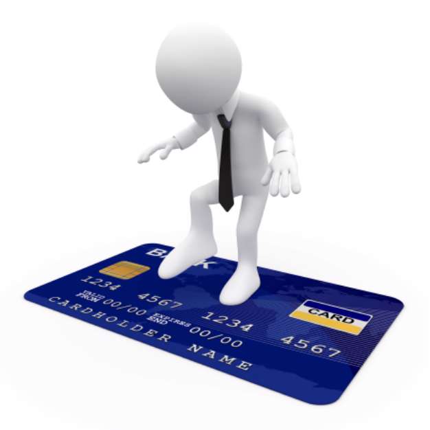 Man on top of a blue credit card