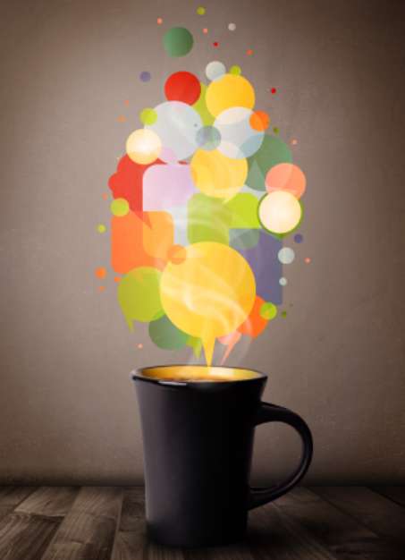 Tea cup with colorful speech bubbles