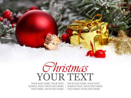 Christmas border with ornament, golden present and snow