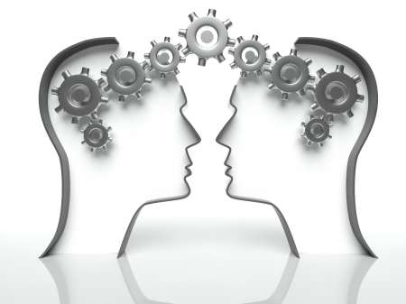 Brains made of gears in heads, concept of teamwork