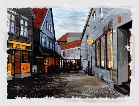 Illustration of city street. Watercolor style.