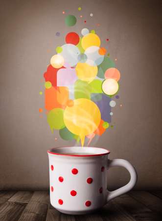 Tea cup with colorful speech bubbles