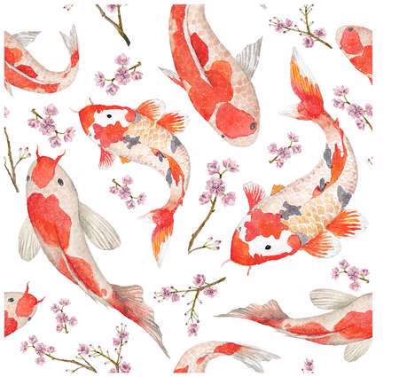 Watercolor oriental pattern with rainbow carps. Seamless oriental texture with isolated hand drawn fishes and blossom cherry. As