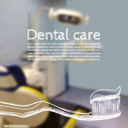 Vector illustration. Background - Blurred photo a dentist with a sketch - a toothbrush and text